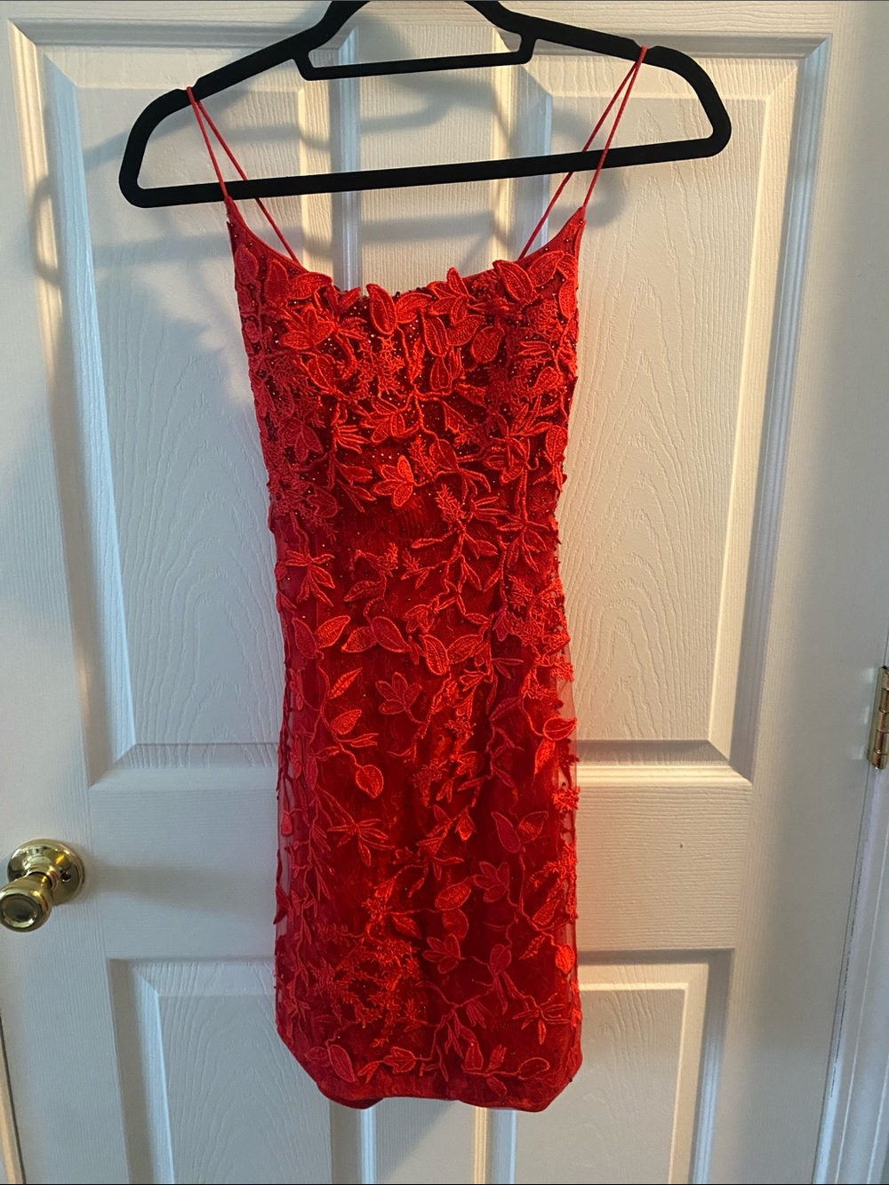 Red Floral Lace Formal Dress - Women's Elegant Spaghetti Strap